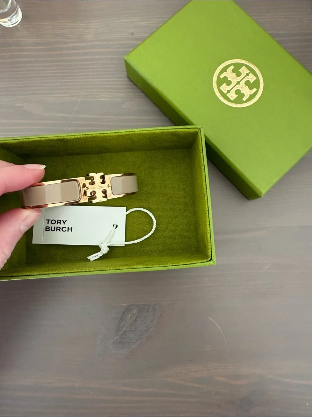 Tory Burch Kira Enamel Bracelet - 18k Gold Plated and Taupe Enamel Logo Bracelet
